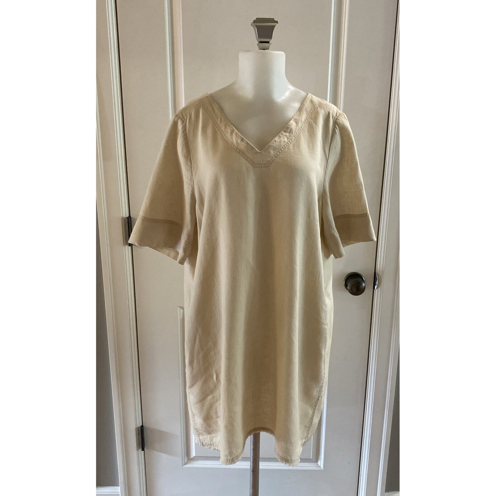 Zyga 100% Linen Biege knee Length‎ Short Sleeve Dress Womens- Size 42 (US 12/L)